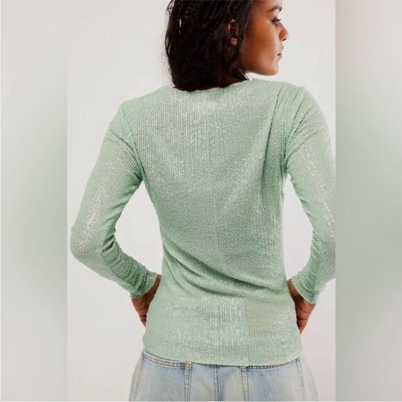 FREE PEOPLE Gold Rush Sequin Long Sleeve Top Tee Mint Green Medium Large New - Picture 5 of 11